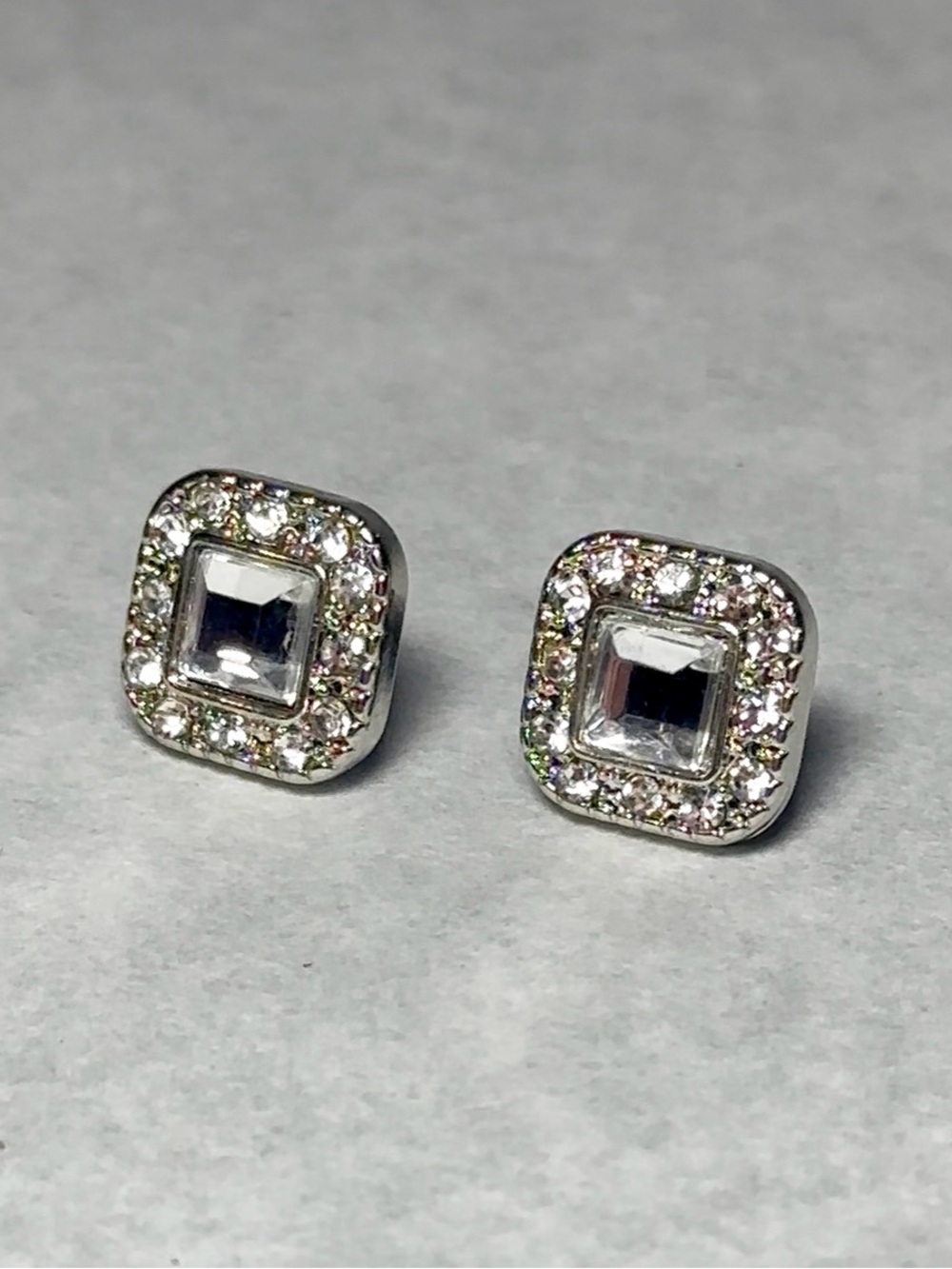 Vintage Crystal Halo Square Stud Earrings - Silver Tone